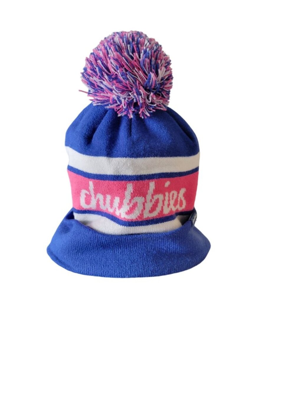 Chubbies Pink/Blue Pom Pom Winter Hat Casual Colorful Comfy Ski Lodge Cabincore